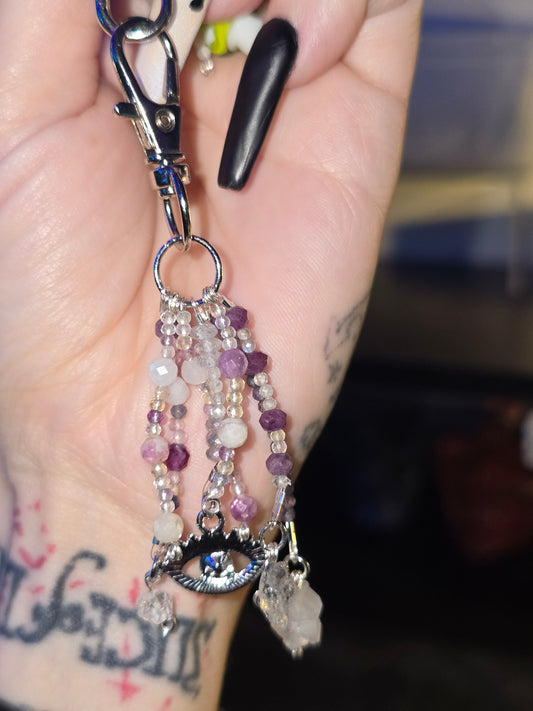 Lepidolite & Quartz Evil Eye Bag Charm | Handmade Crystal Accessory