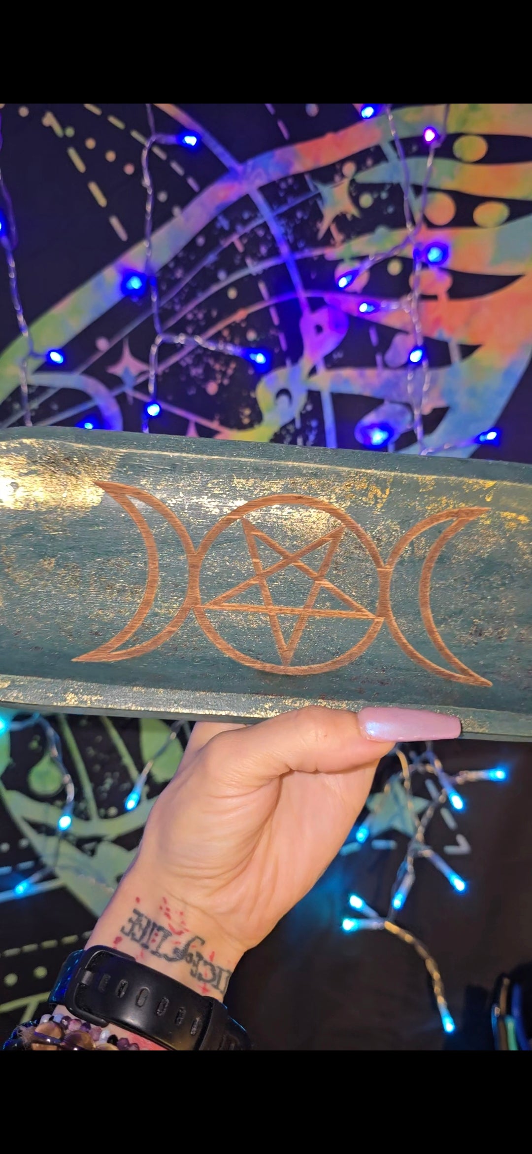 Green Wooden Incense Holder | Gold Triple Moon Design