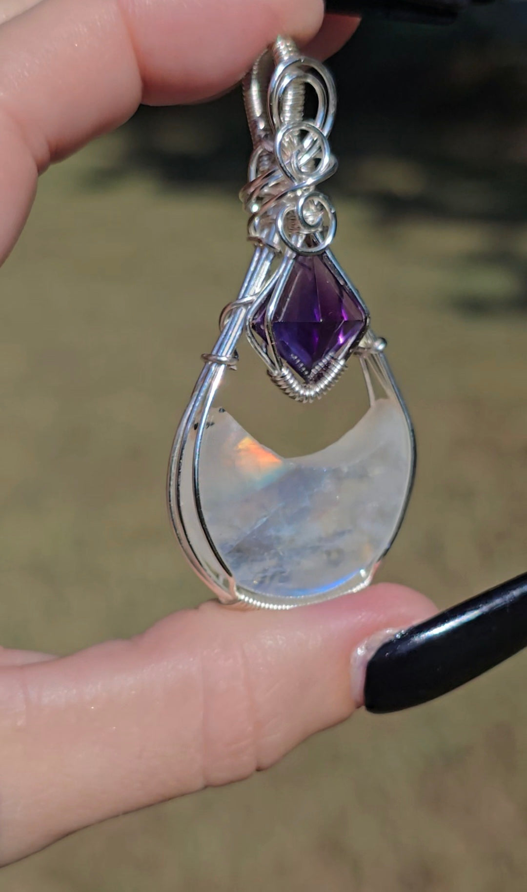 Rainbow Moonstone & Amethyst Moon Pendant | Intuition & Magic