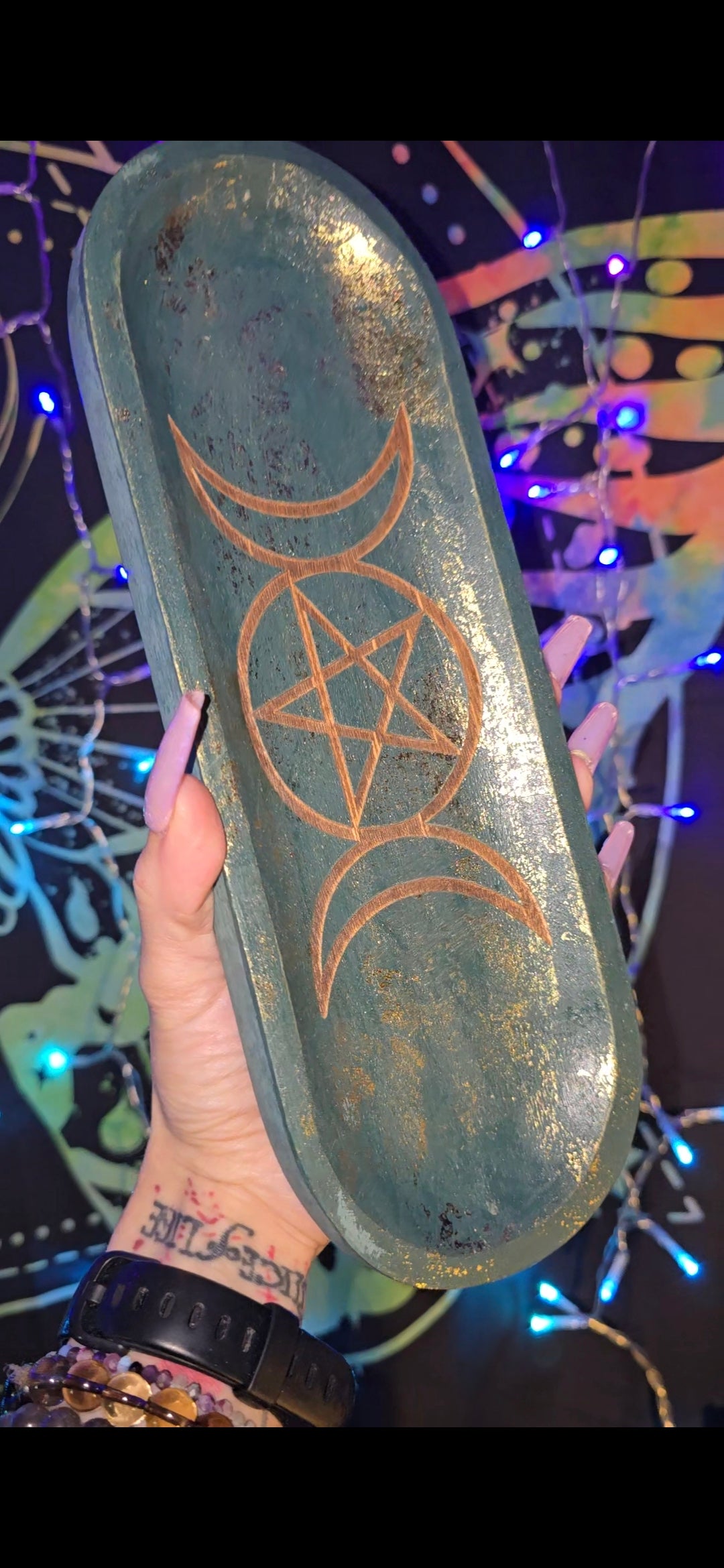Green Wooden Incense Holder | Gold Triple Moon Design