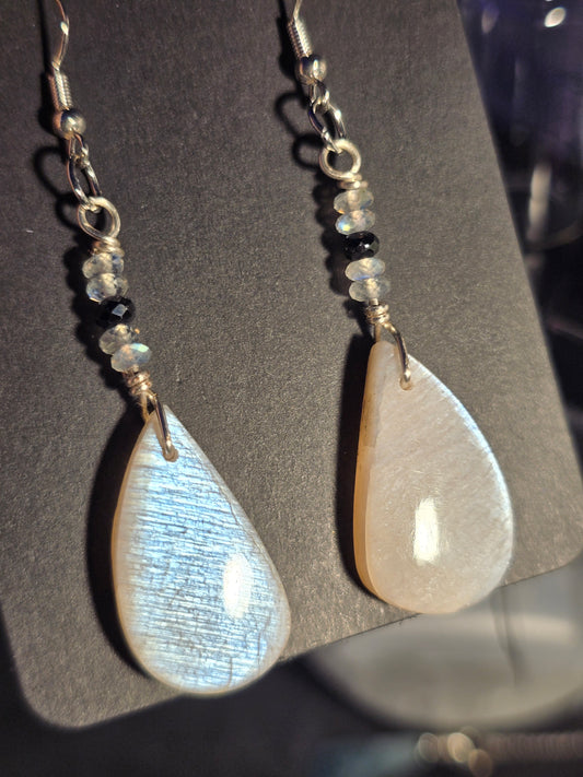 Moonstone, Labradorite & Black Spinel Earrings | Handmade Celestial Crystal Earrings
