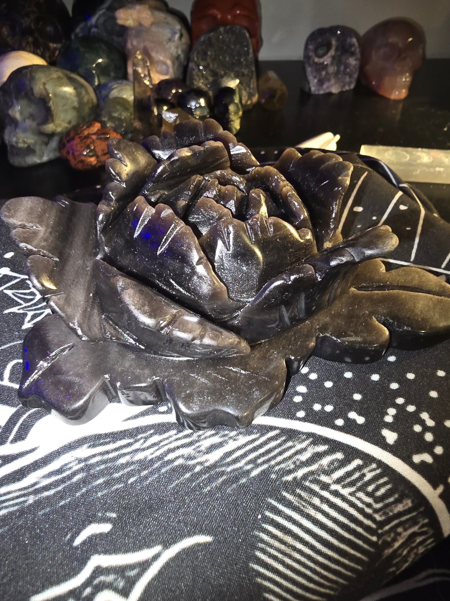 Silver Sheen Obsidian Rose Carving