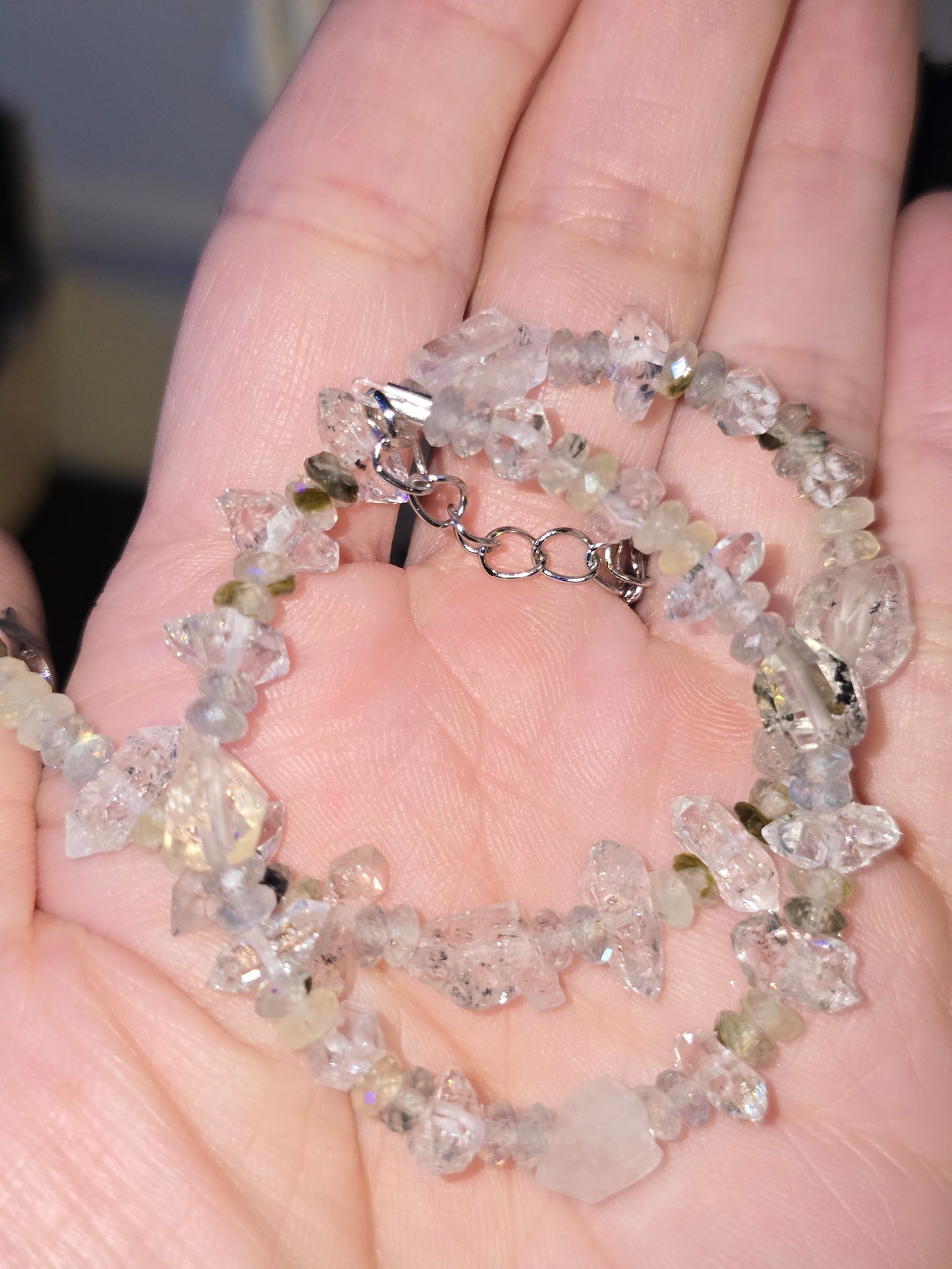 Prehnite with Epidote, Herkimer Diamond & Tibetan Quartz Anklet | Handmade Crystal Anklet