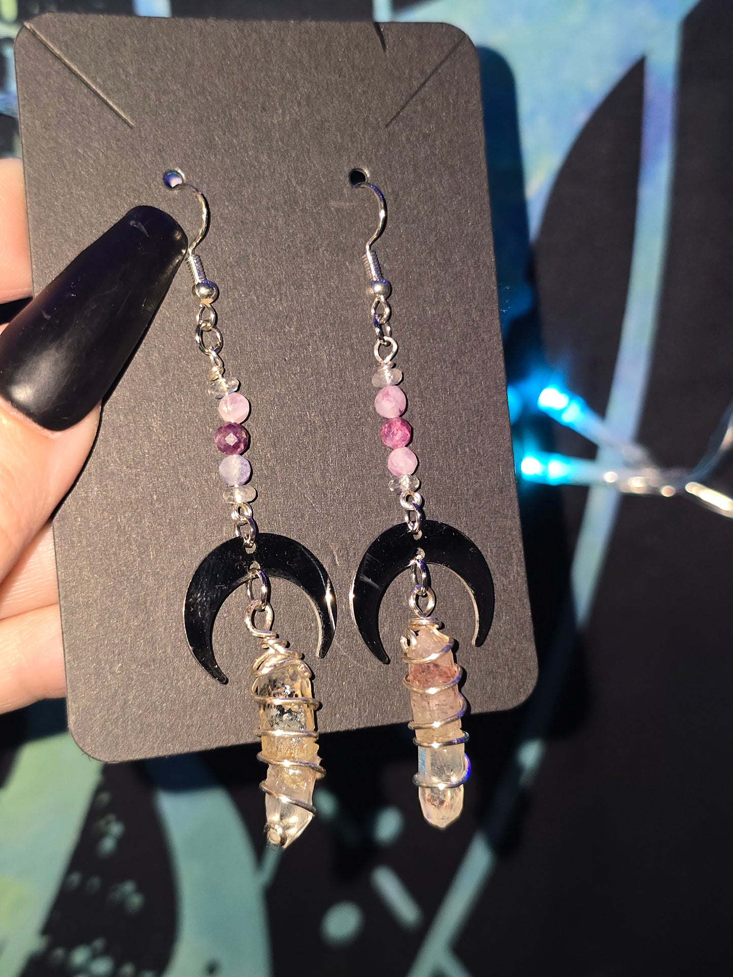 Lepidolite Moon & Fire Quartz Earrings | Handmade Celestial Crystal Earrings