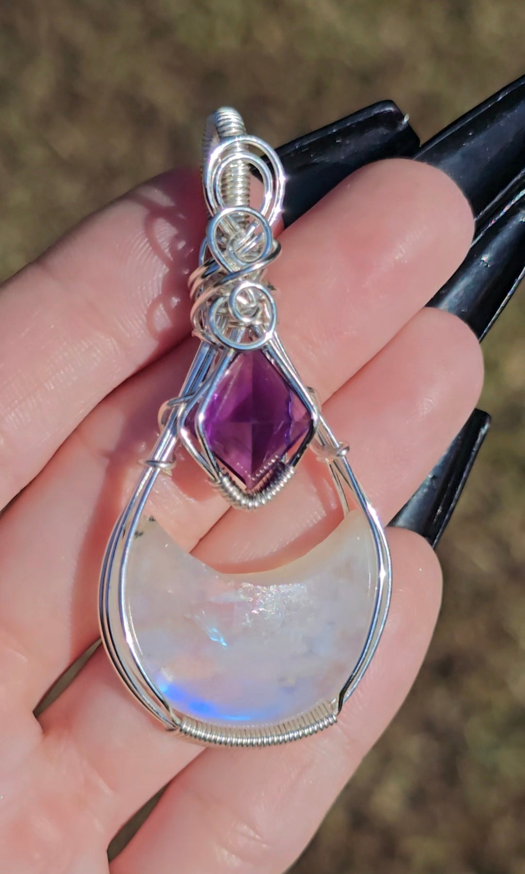Rainbow Moonstone & Amethyst Moon Pendant | Intuition & Magic
