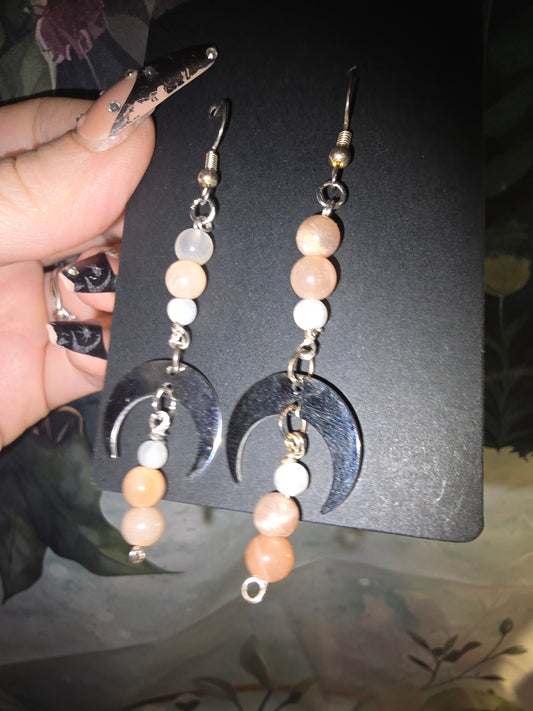 Peach Moonstone and Moons Earrings