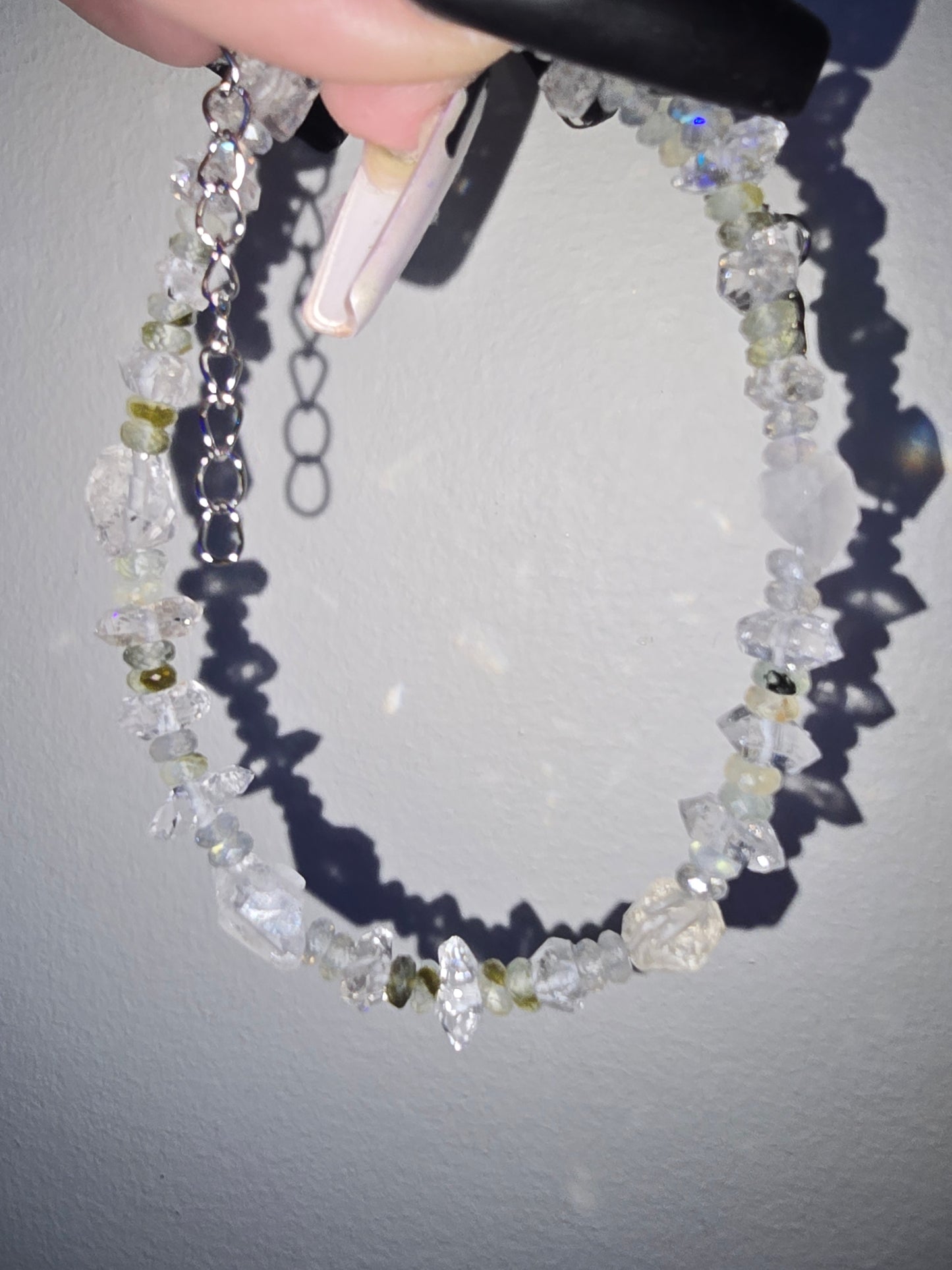 Prehnite with Epidote, Herkimer Diamond & Tibetan Quartz Anklet | Handmade Crystal Anklet