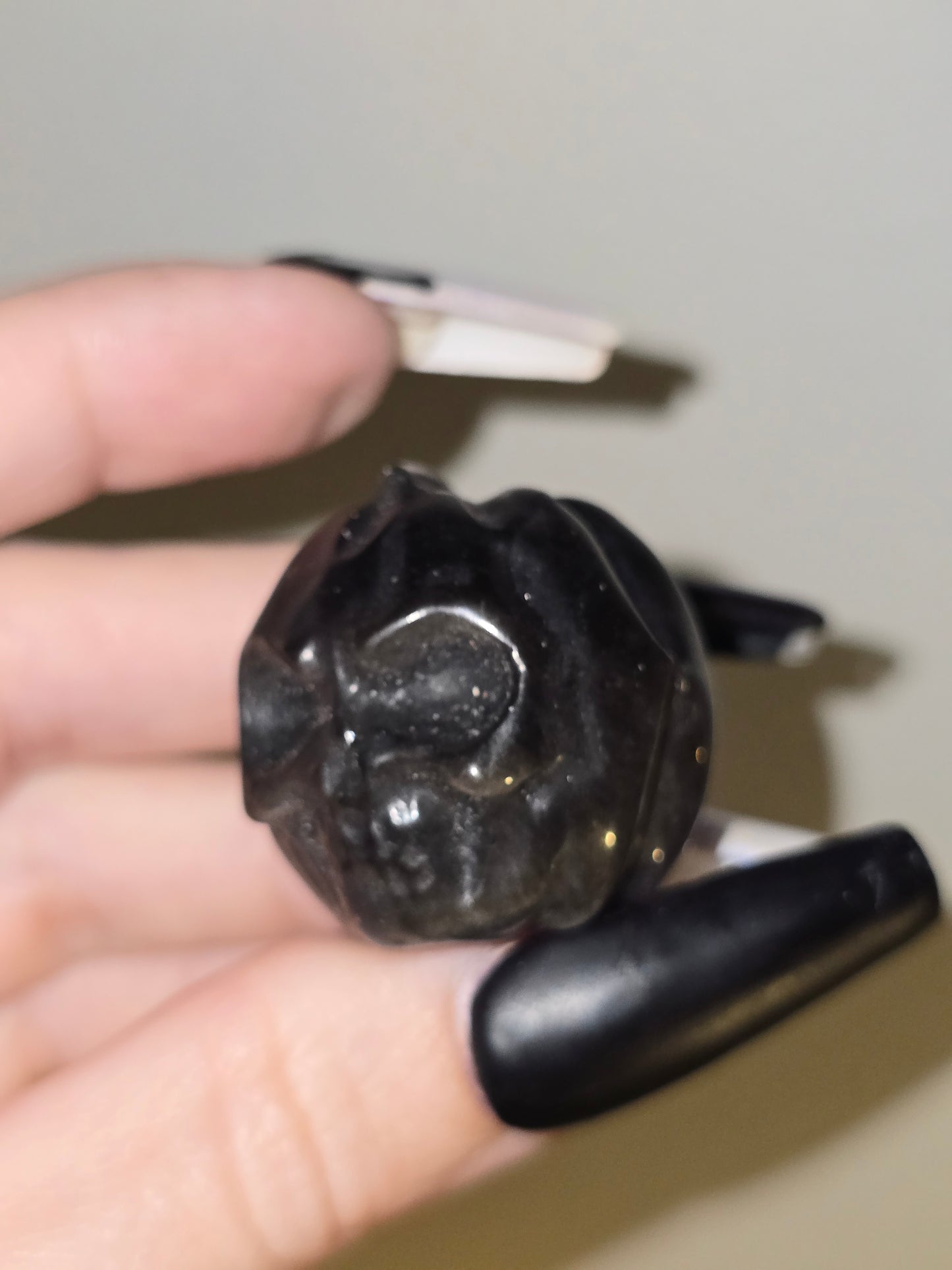 Silver Sheen Obsidian Skull Pumpkin Carving | Protection, Reflection & Shadow Work