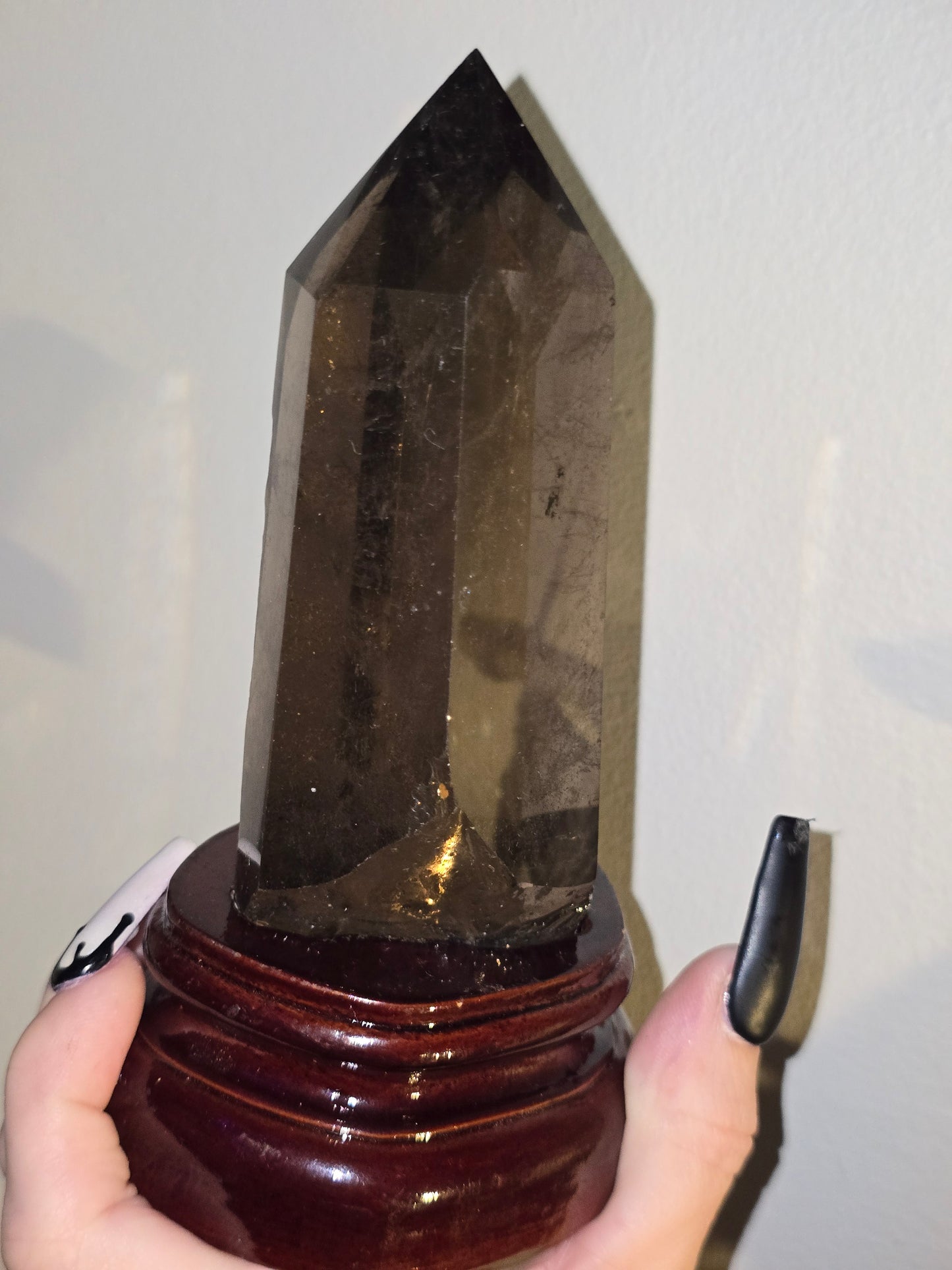 Smoky Quartz Tower with Custom Wood Stand | Grounding, Protection & Natural Beauty