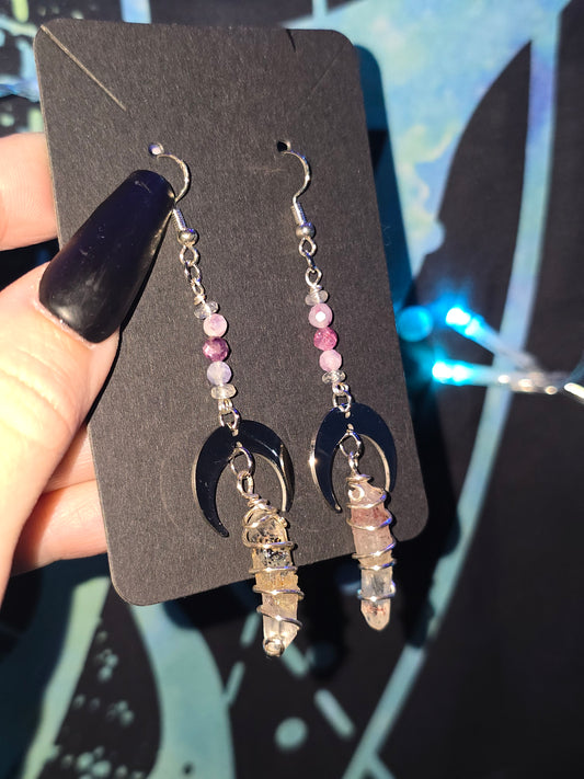 Lepidolite Moon & Fire Quartz Earrings | Handmade Celestial Crystal Earrings