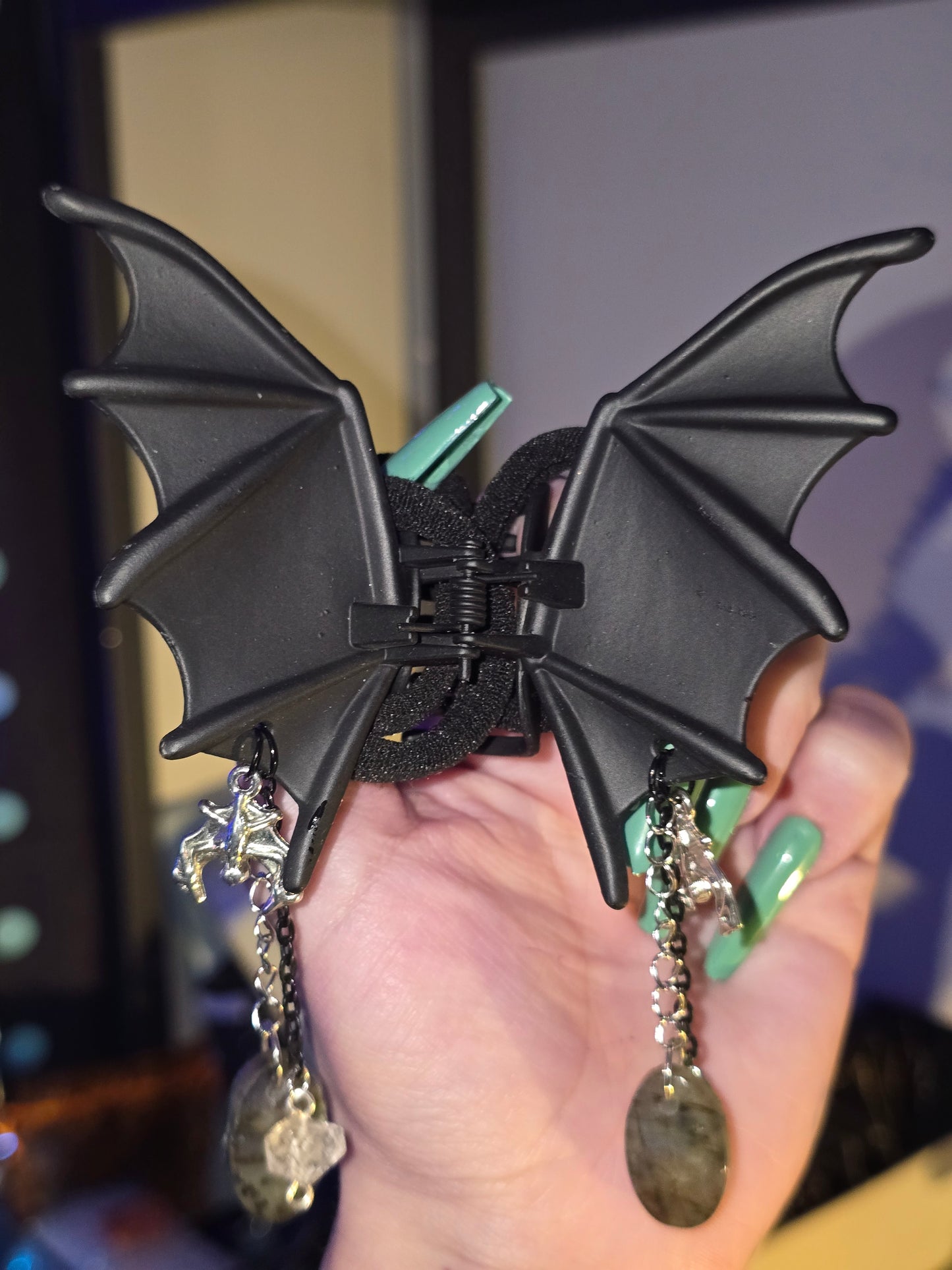 Bat Hair Clip with Labradorite & Herkimer Quartz Charms