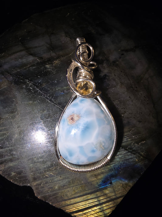 Larimar and Citrine Wrapped Pendant