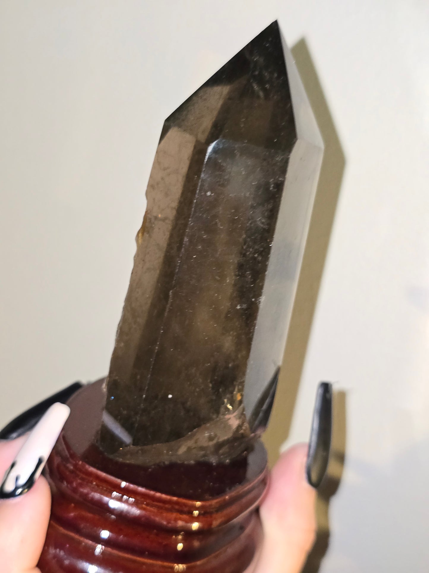 Smoky Quartz Tower with Custom Wood Stand | Grounding, Protection & Natural Beauty