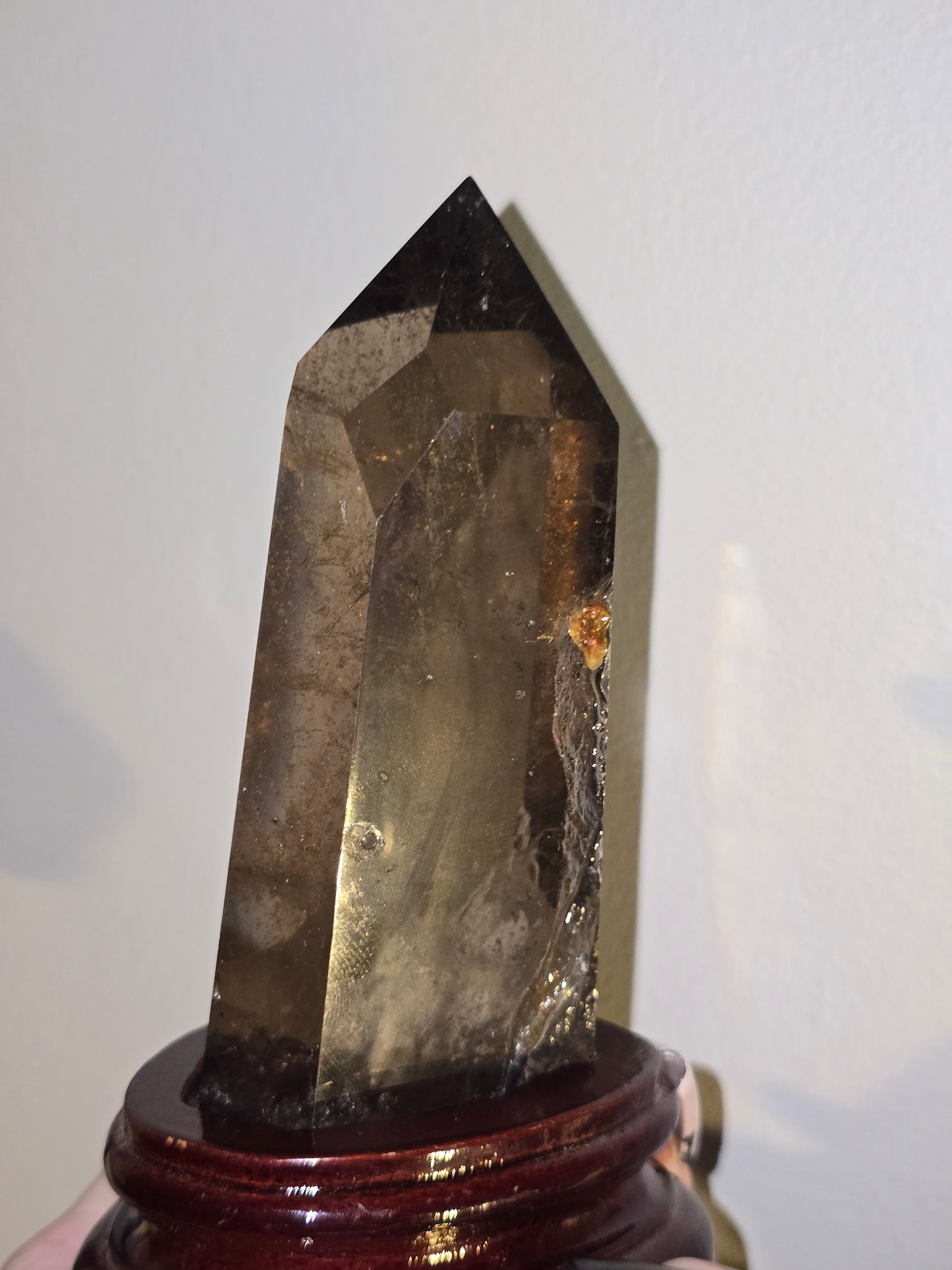 Smoky Quartz Tower with Custom Wood Stand | Grounding, Protection & Natural Beauty