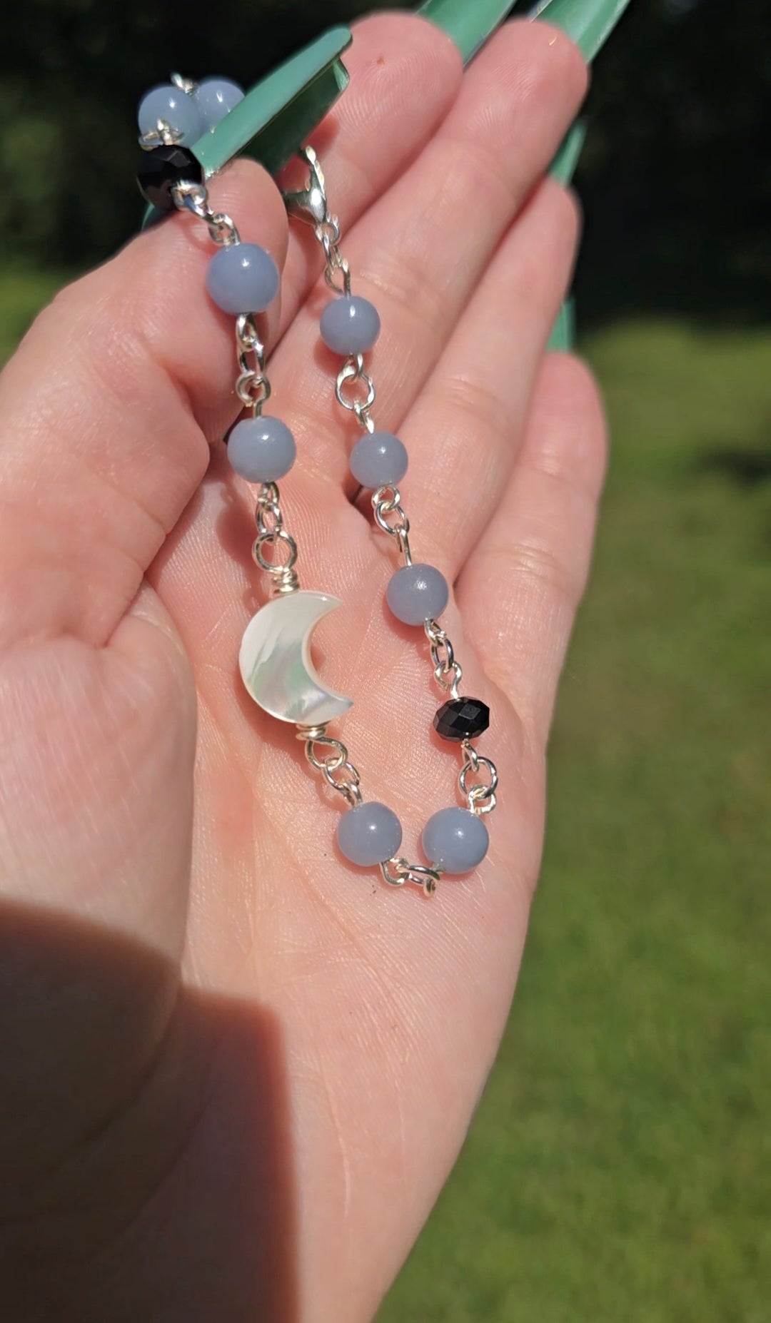 Angelite,Mother of Pearl Moon Bracelet | Peace & Communication
