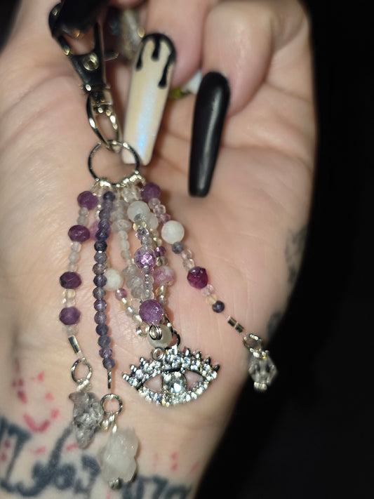 Lepidolite & Quartz Evil Eye Bag Charm | Handmade Crystal Accessory
