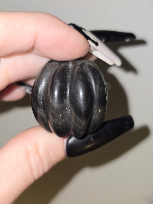Silver Sheen Obsidian Skull Pumpkin Carving | Protection, Reflection & Shadow Work