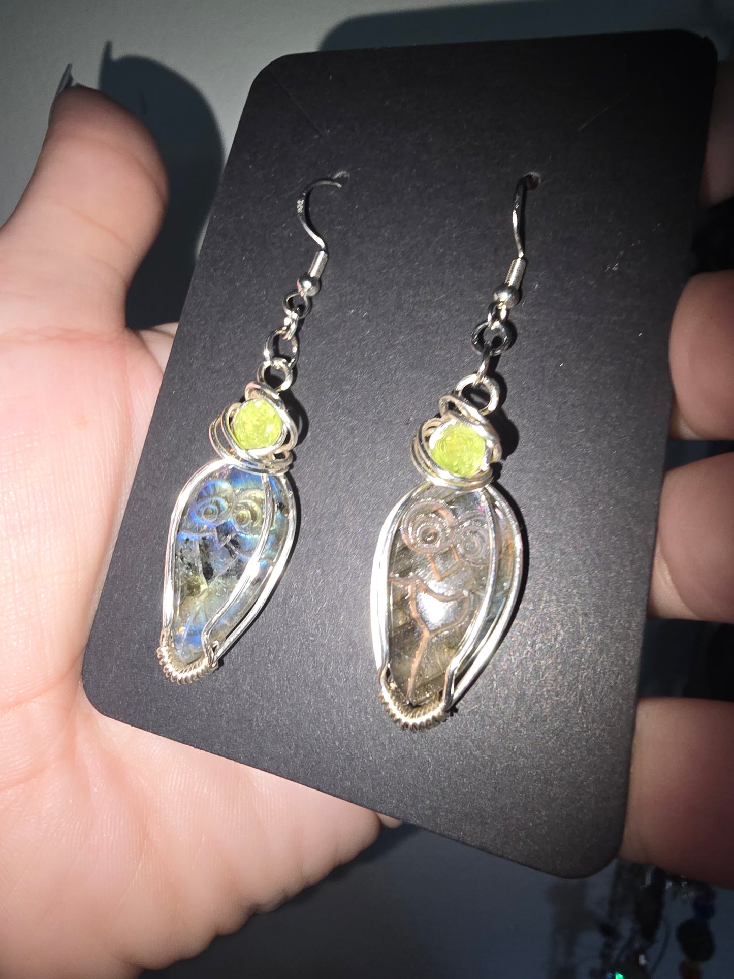 Carved Labradorite Owl and Peridot Wrapped Earrings 925