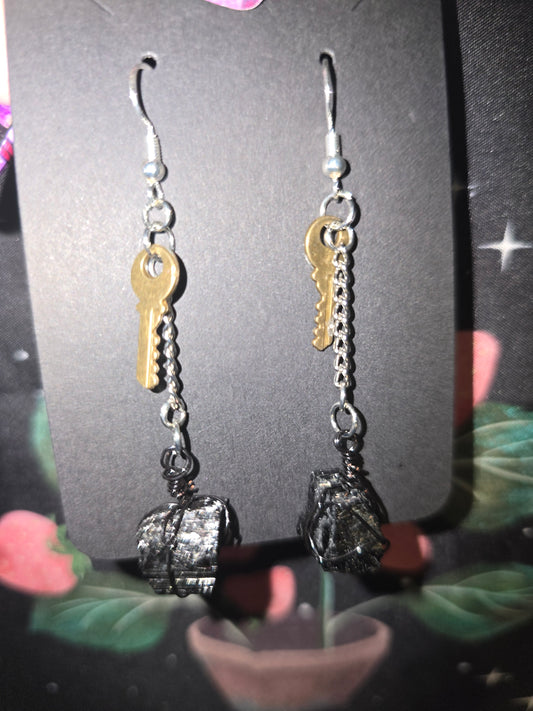 Black Tourmaline Key Earrings