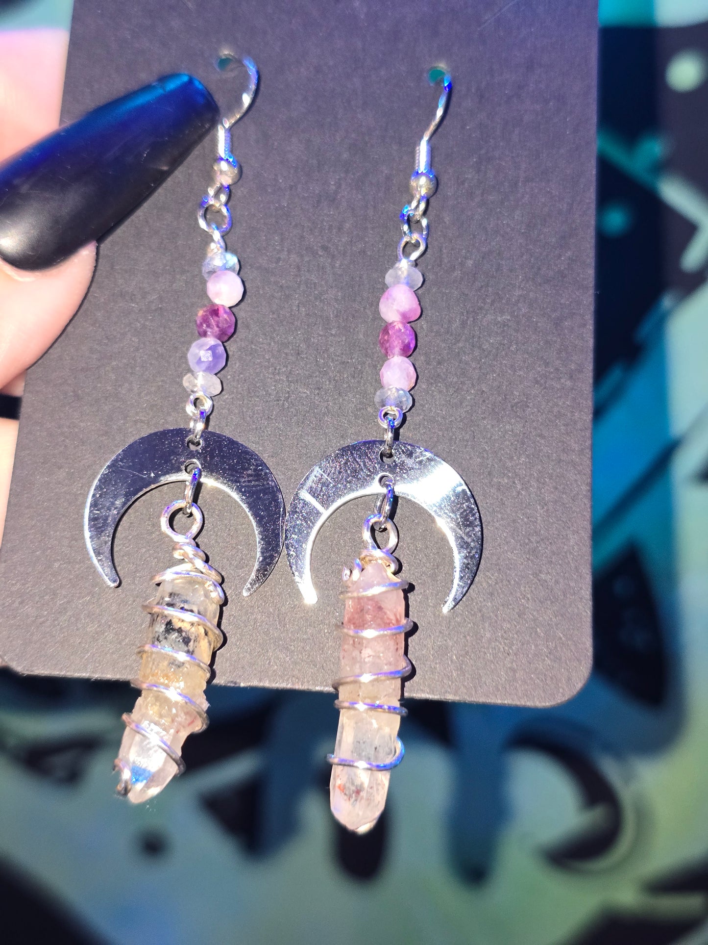 Lepidolite Moon & Fire Quartz Earrings | Handmade Celestial Crystal Earrings
