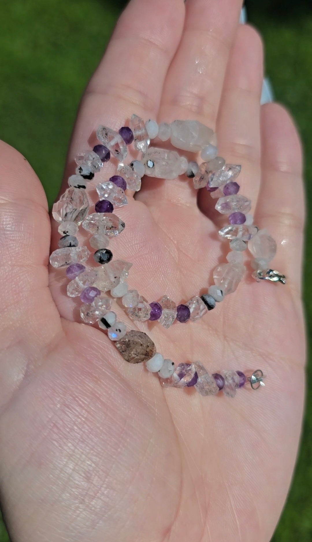 Moonstone, Amethyst & Herkimer Diamond Anklet | Handmade Crystal Anklet