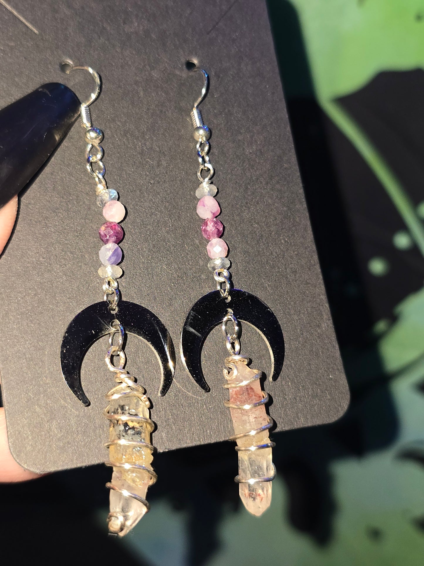 Lepidolite Moon & Fire Quartz Earrings | Handmade Celestial Crystal Earrings