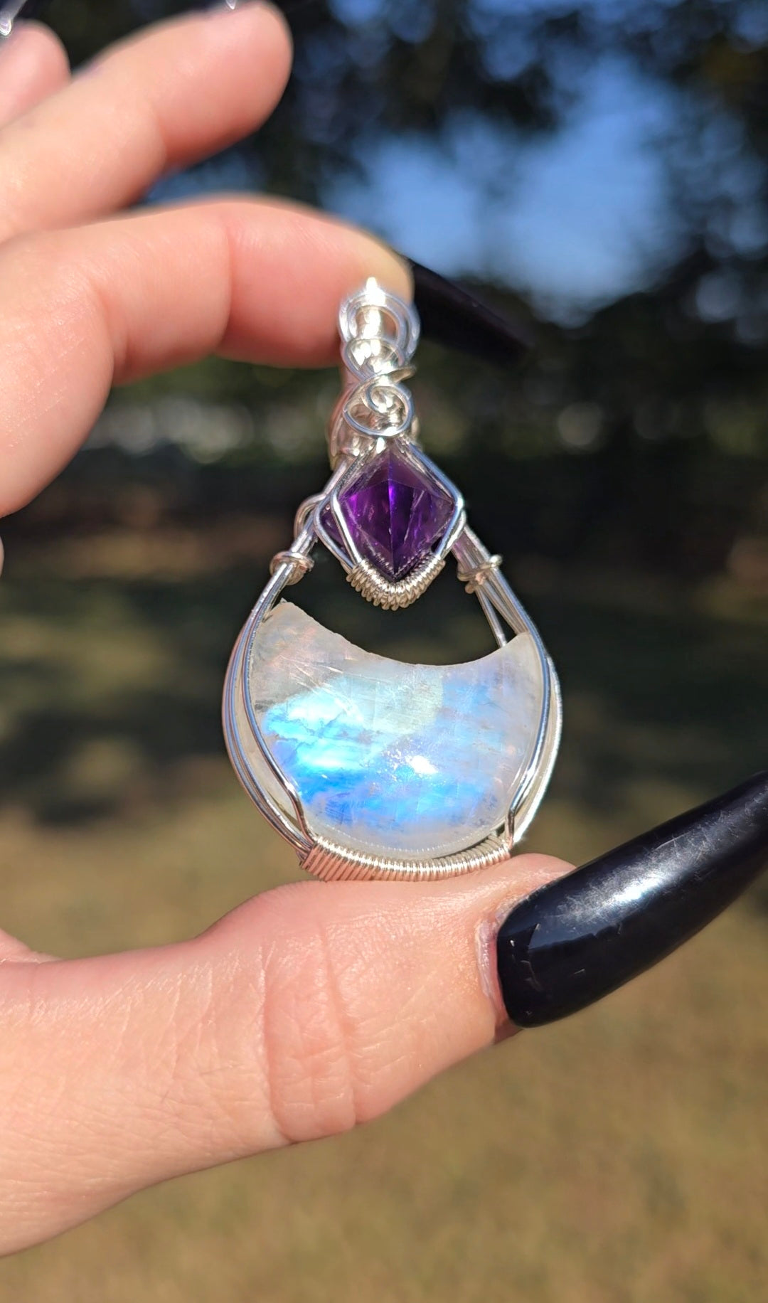 Rainbow Moonstone & Amethyst Moon Pendant | Intuition & Magic
