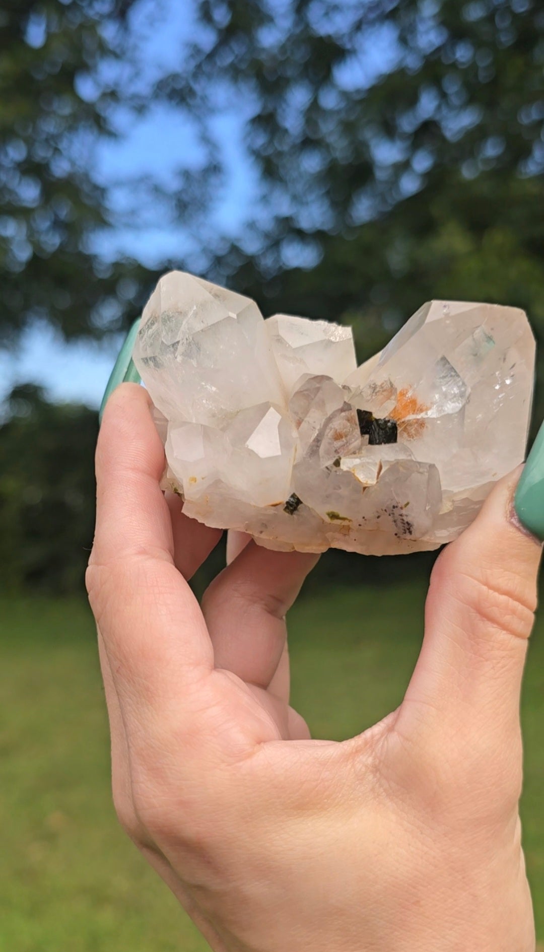 Quartz Cluster with Epidote | Clarity & Growth