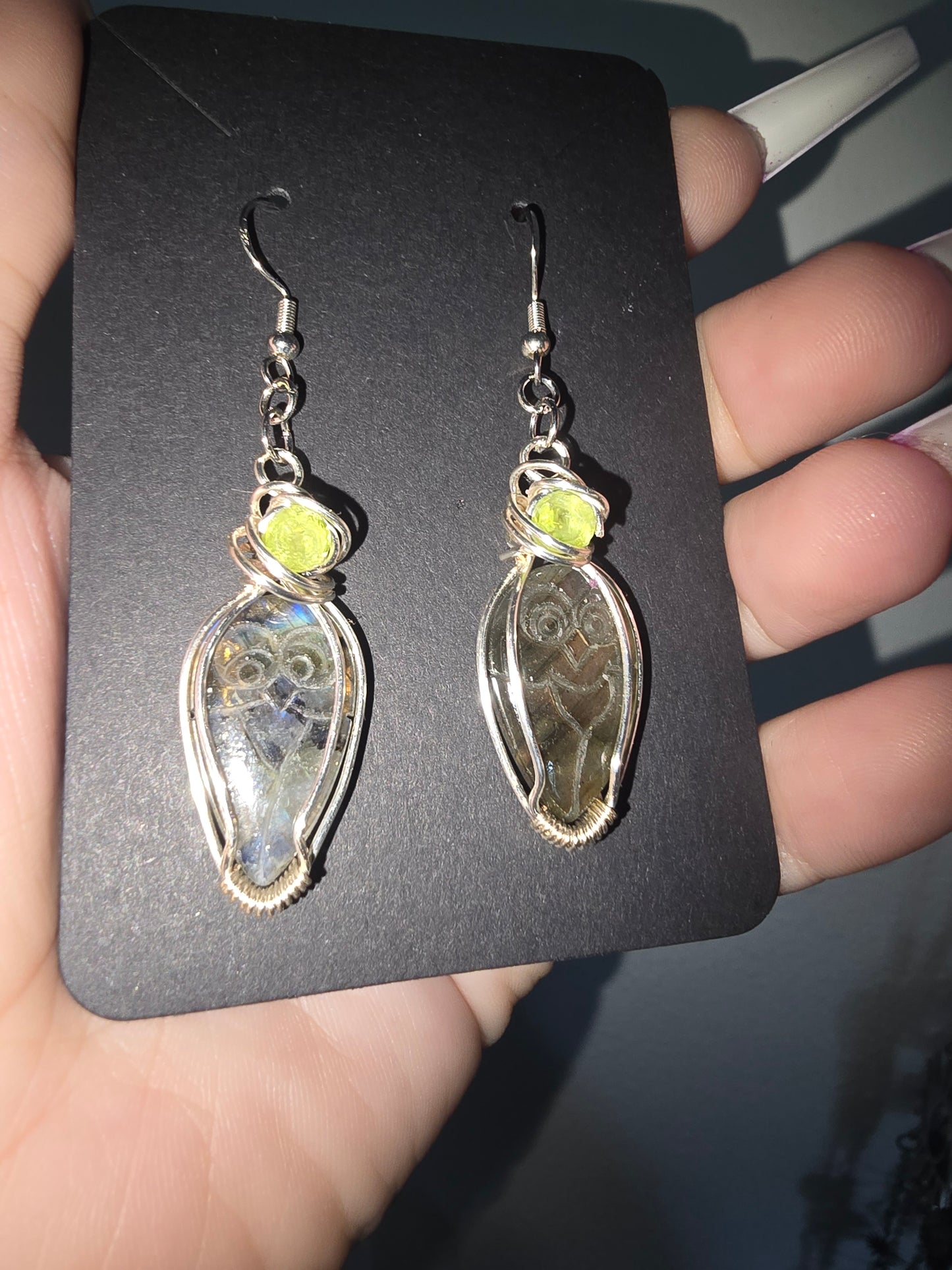Carved Labradorite Owl and Peridot Wrapped Earrings 925