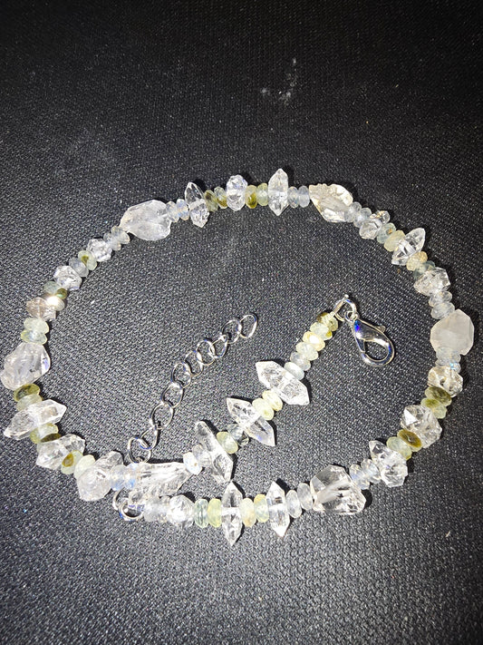 Prehnite with Epidote, Herkimer Diamond & Tibetan Quartz Anklet | Handmade Crystal Anklet
