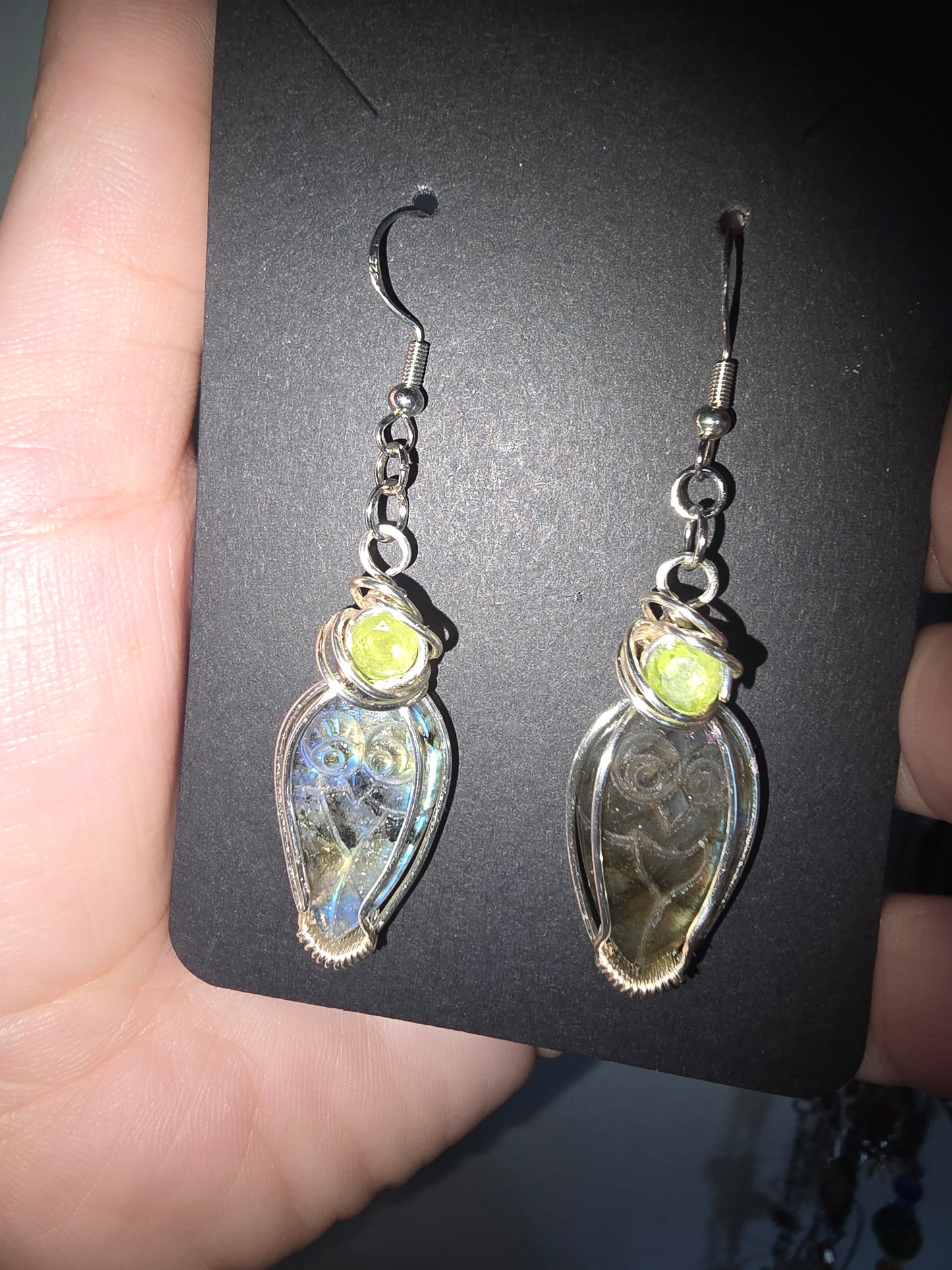 Carved Labradorite Owl and Peridot Wrapped Earrings 925