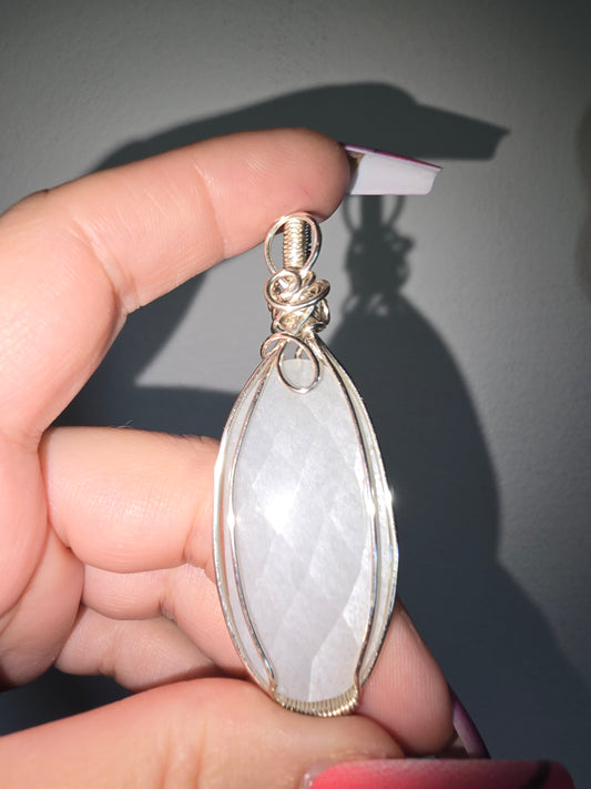 White Moonstone Rose Cut Wrapped Pendant