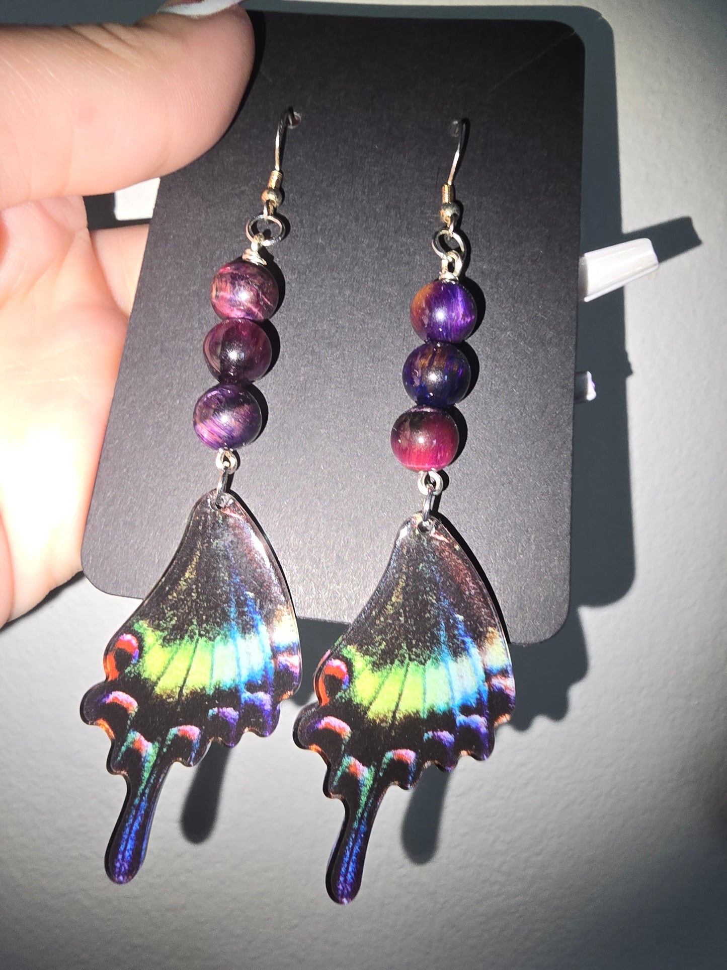 Butterfly Wing Earrings galaxy tiger eye bead 925