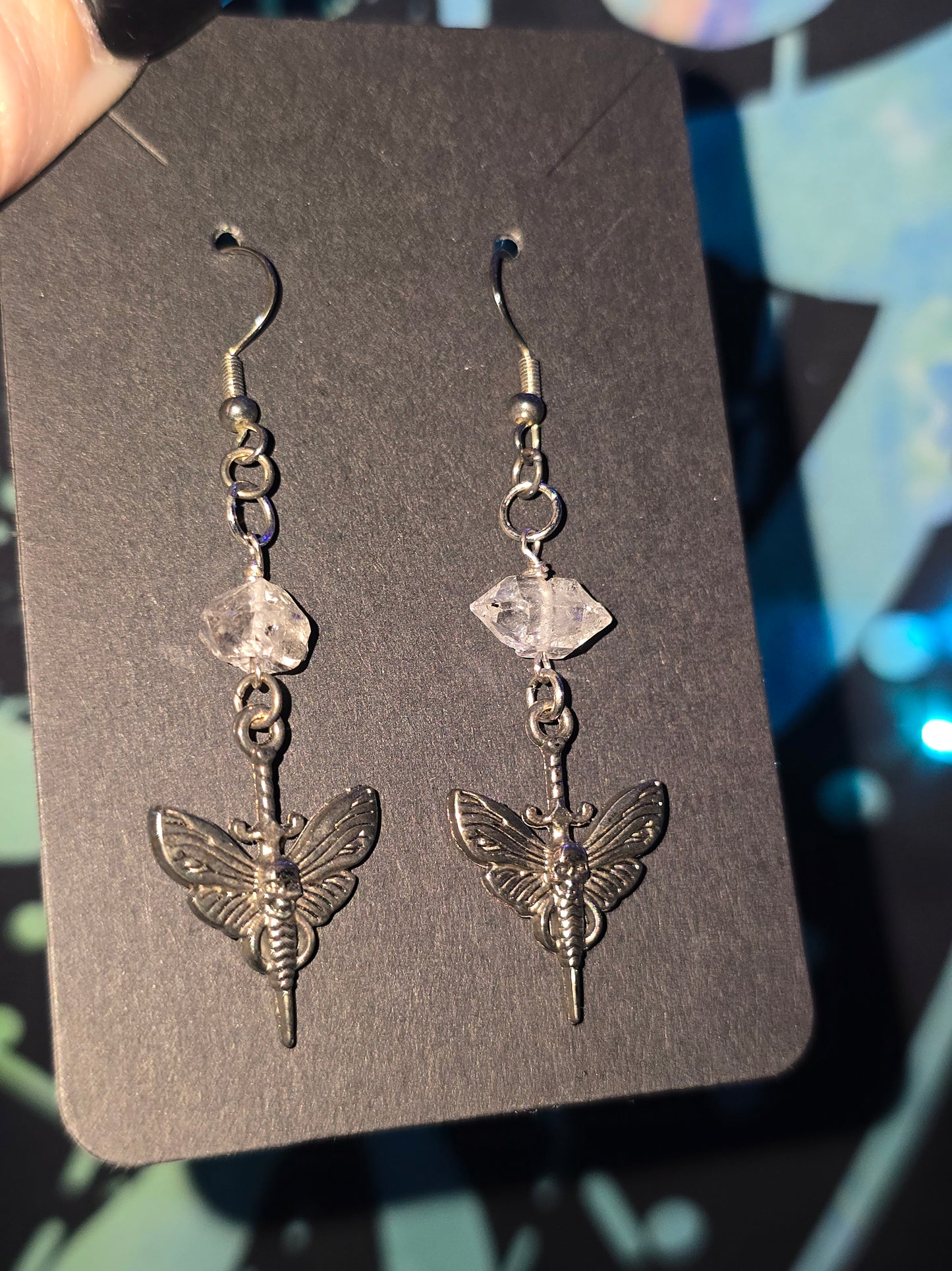 Moth & Dagger Earrings with Herkimer Diamond Quartz | Handmade Gothic Crystal Earrings