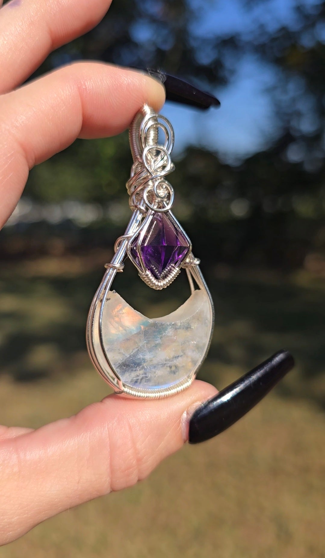 Rainbow Moonstone & Amethyst Moon Pendant | Intuition & Magic