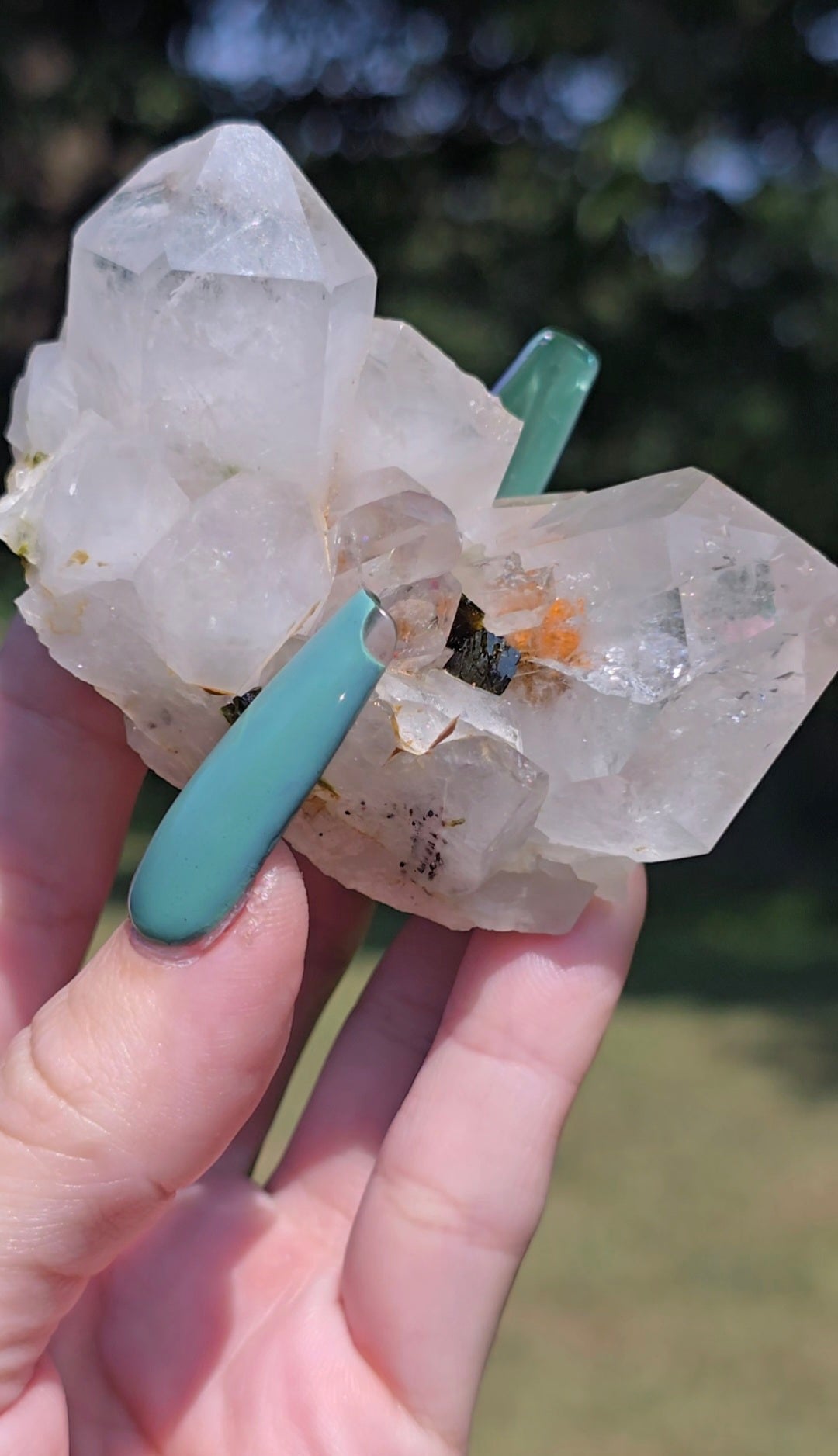Quartz Cluster with Epidote | Clarity & Growth