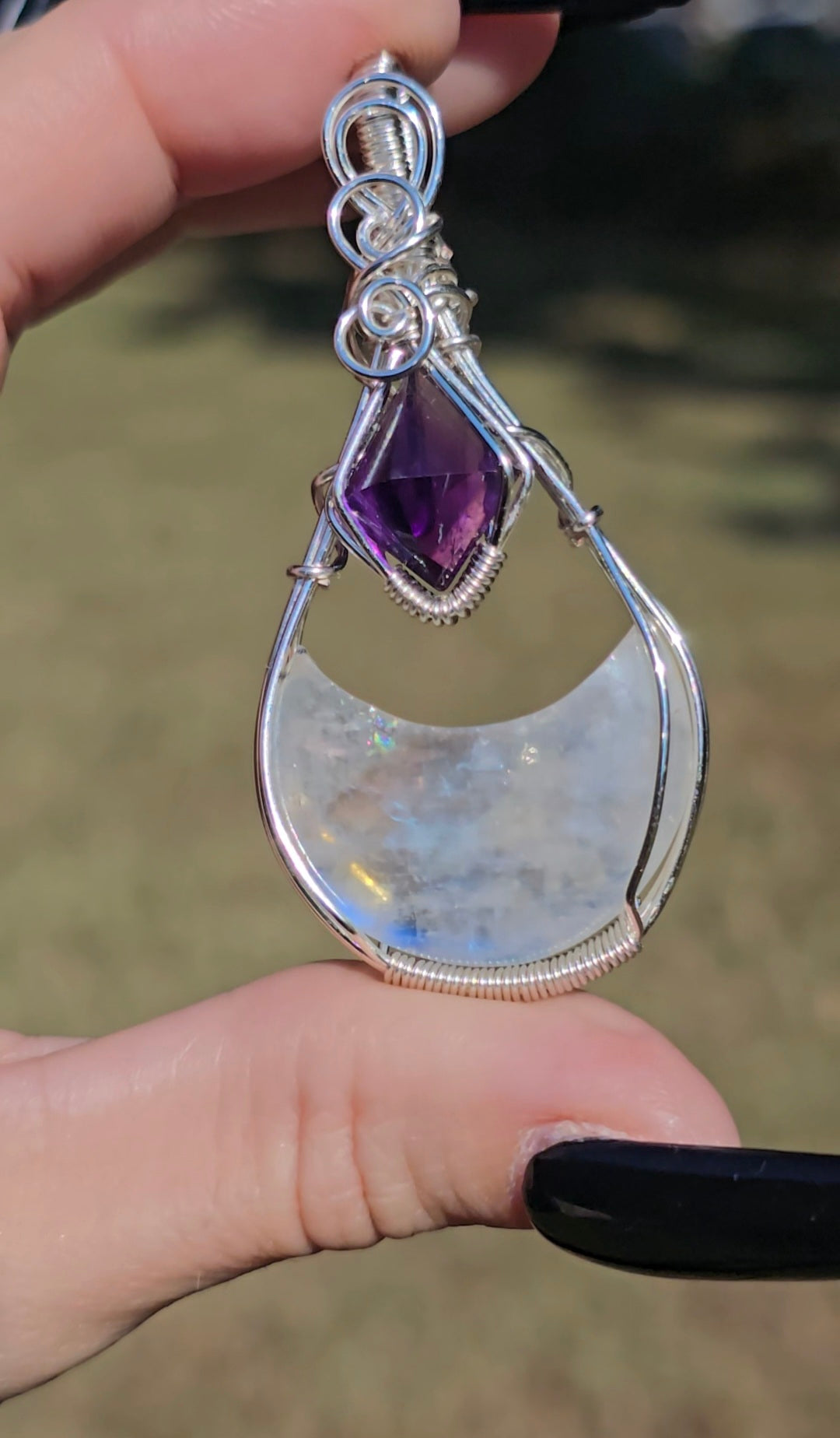Rainbow Moonstone & Amethyst Moon Pendant | Intuition & Magic