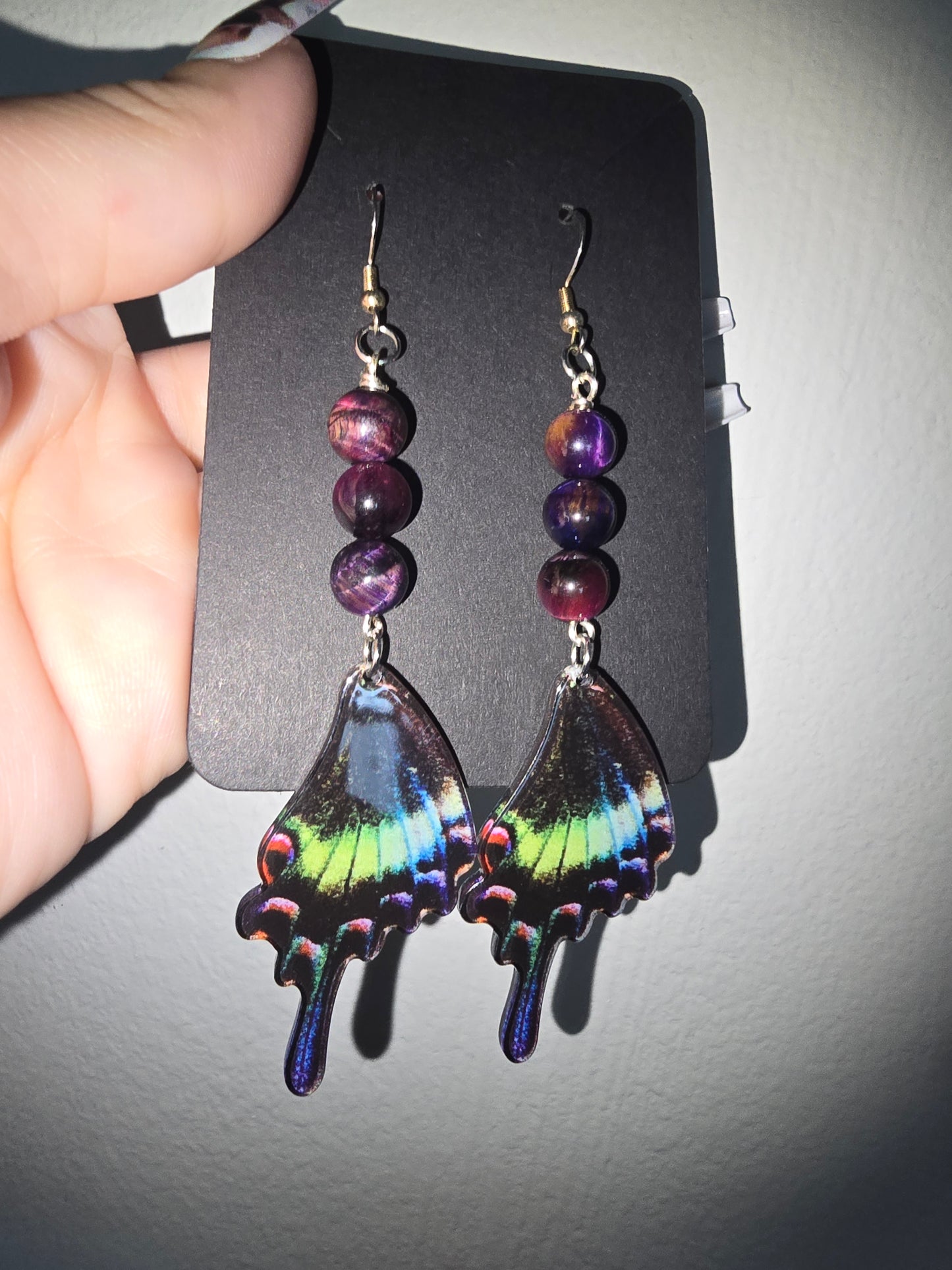 Butterfly Wing Earrings galaxy tiger eye bead 925