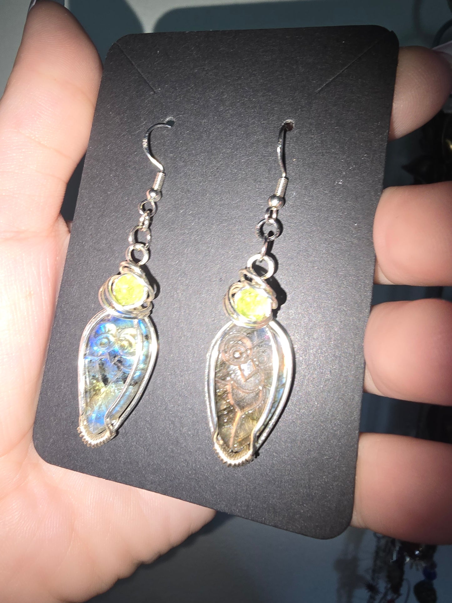 Carved Labradorite Owl and Peridot Wrapped Earrings 925