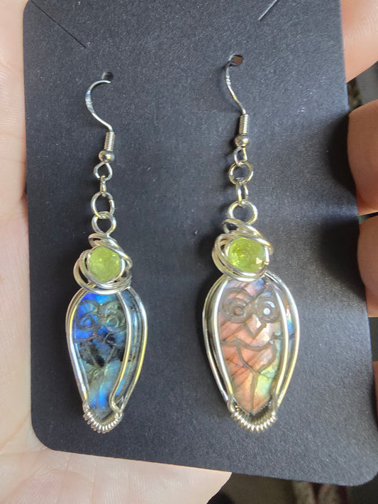 Carved Labradorite Owl and Peridot Wrapped Earrings 925