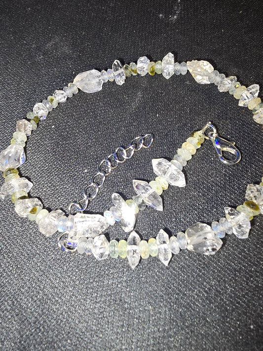 Prehnite with Epidote, Herkimer Diamond & Tibetan Quartz Anklet | Handmade Crystal Anklet