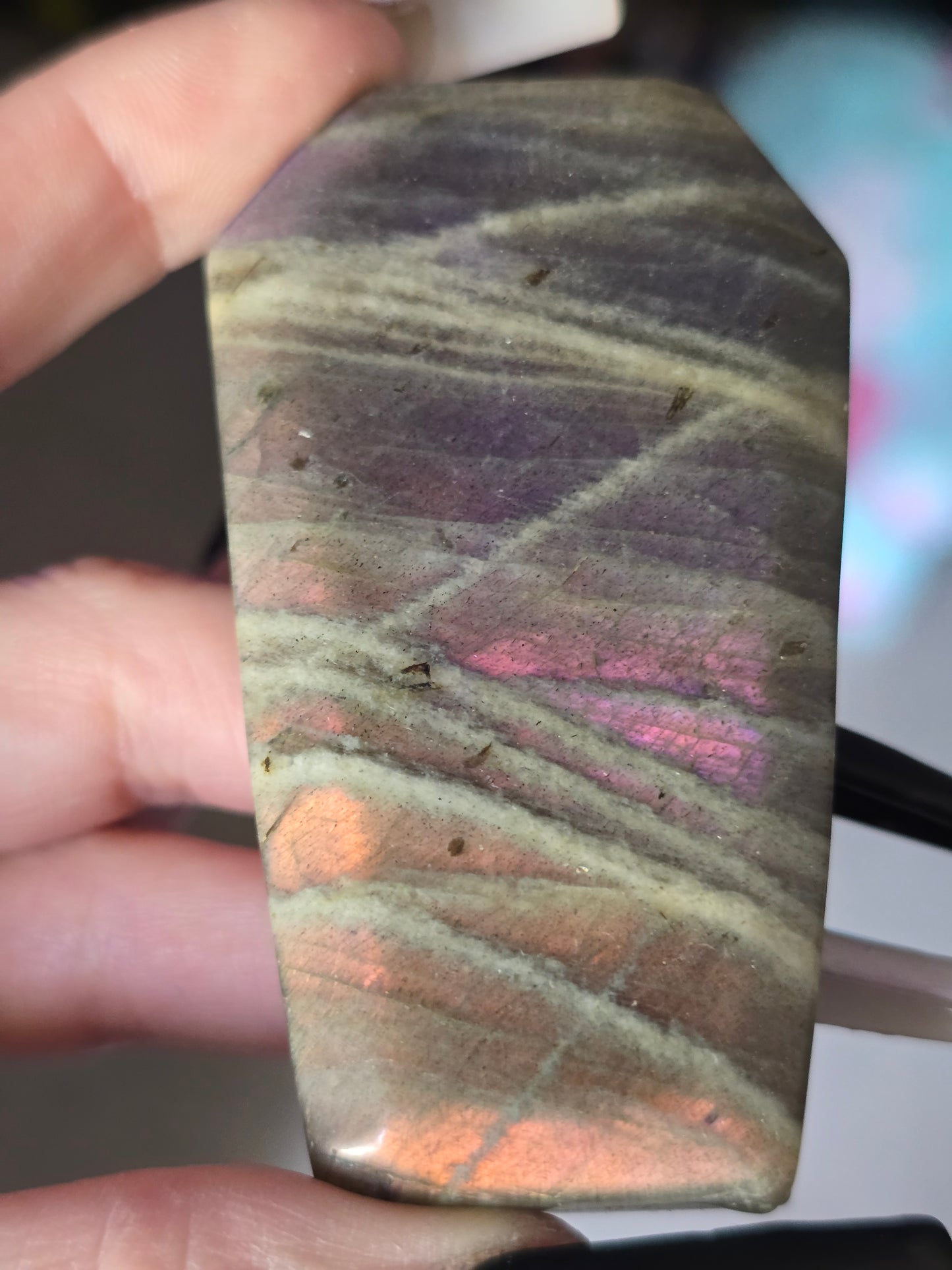 Pink & Purple Flash Labradorite Coffin Carving | Transformation, Intuition & Magic