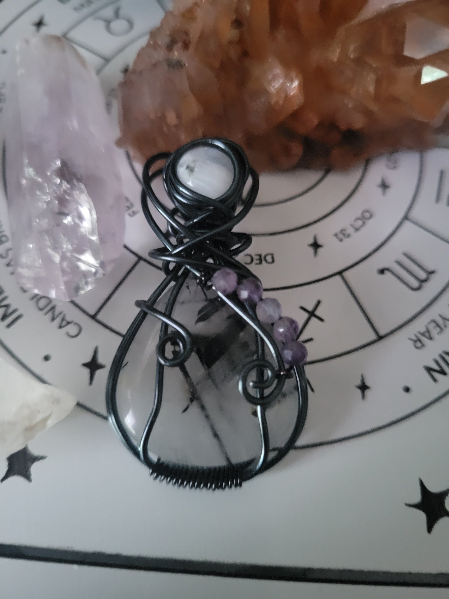 Tourmalated Quartz, Moonstone & Amethyst Wrapped Pendant