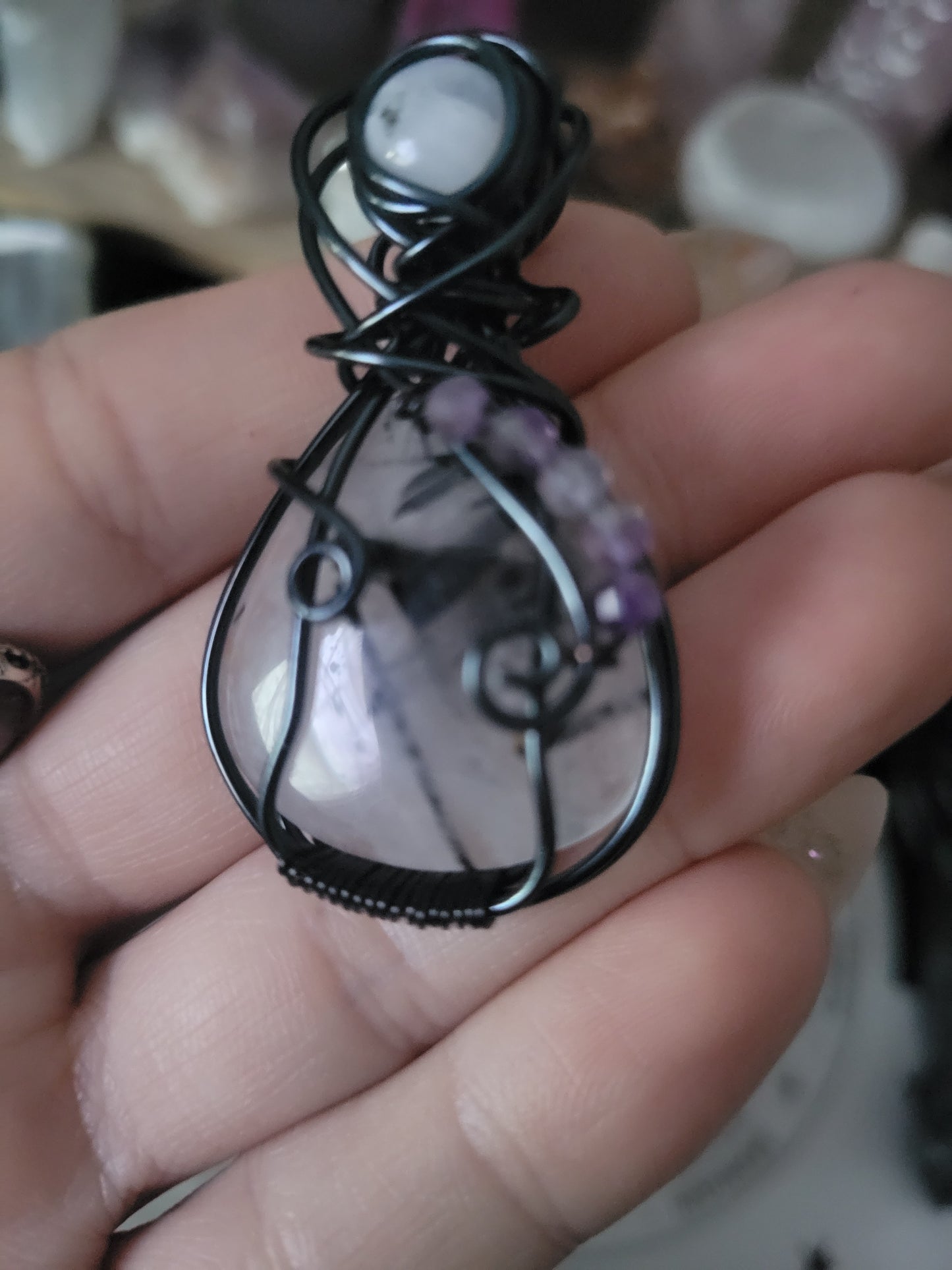 Tourmalated Quartz, Moonstone & Amethyst Wrapped Pendant