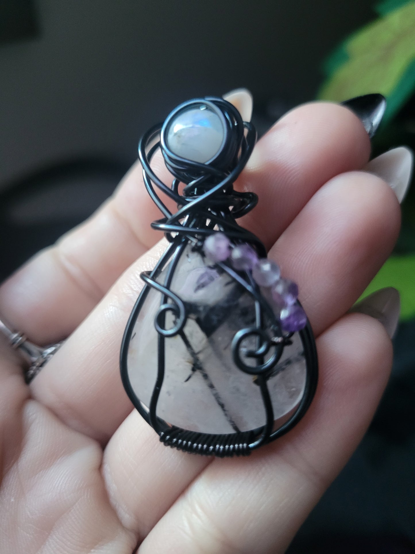 Tourmalated Quartz, Moonstone & Amethyst Wrapped Pendant