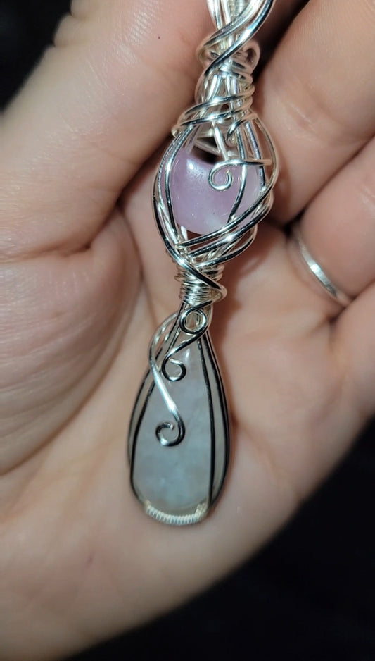 Kunzite Moon & Moonstone Pendant | Protection & Intuition Crystal Jewelry