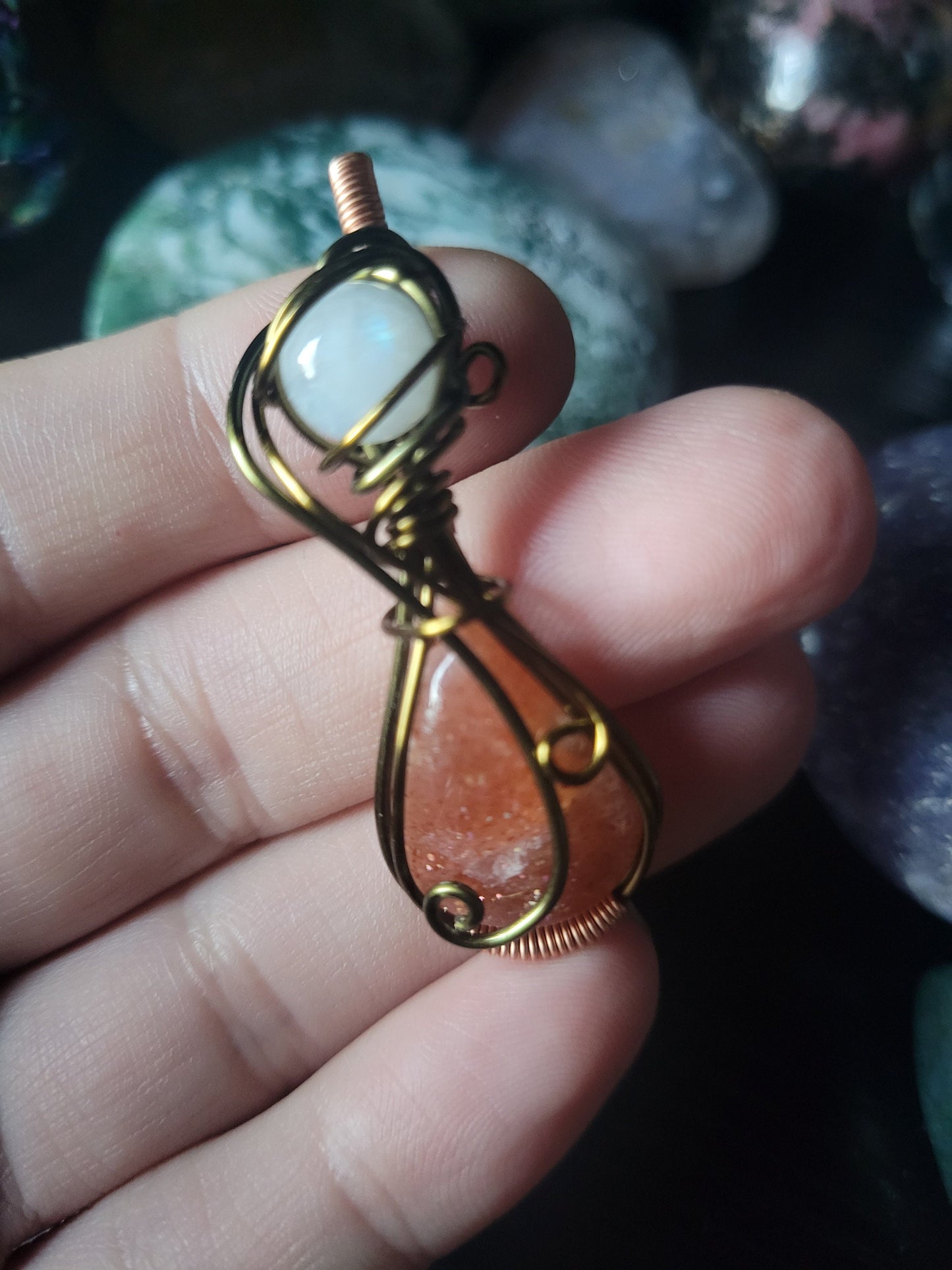 Sunstone and Moonstone Wire Wrapped Pendant Necklace