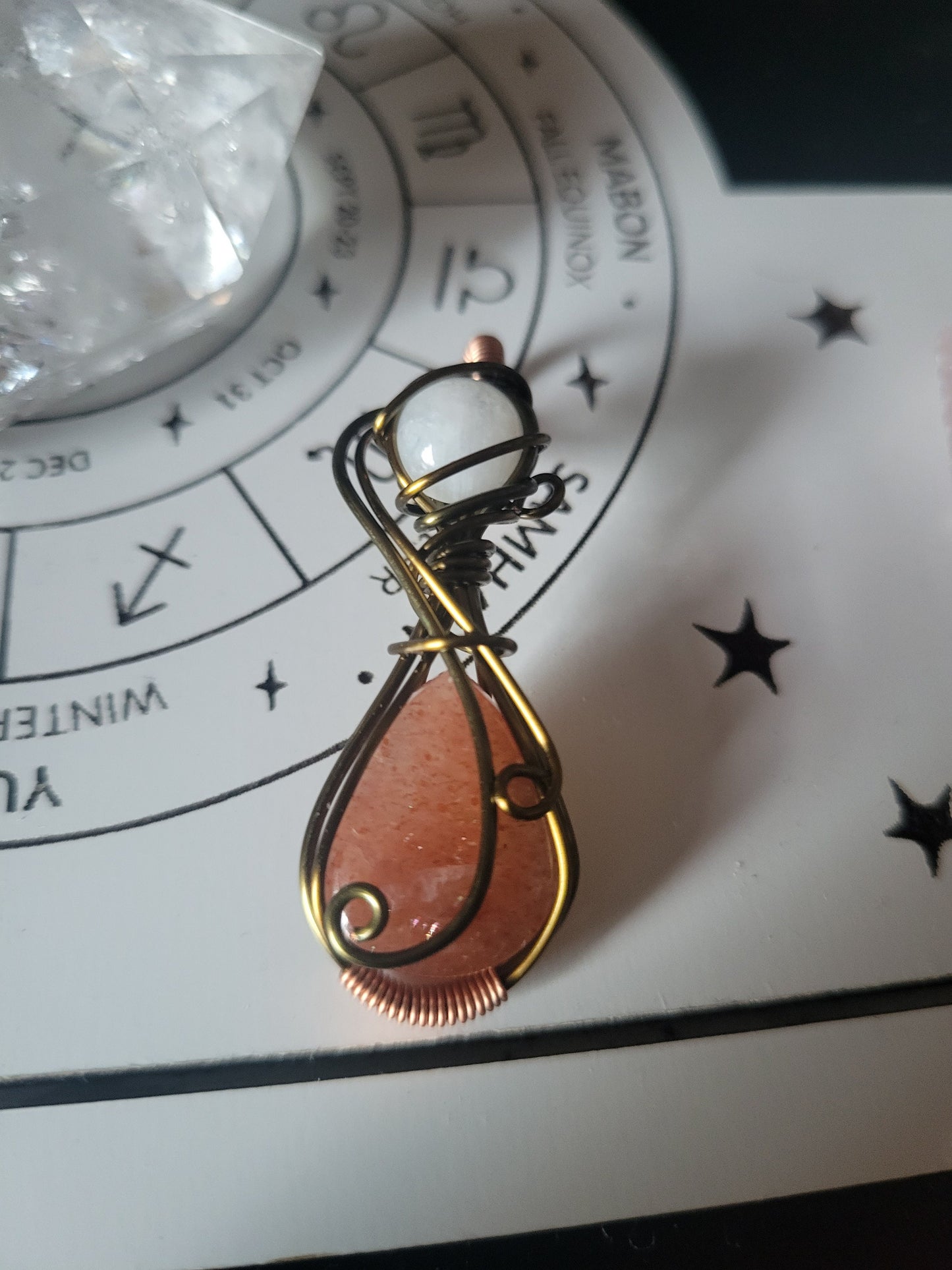 Sunstone and Moonstone Wire Wrapped Pendant Necklace