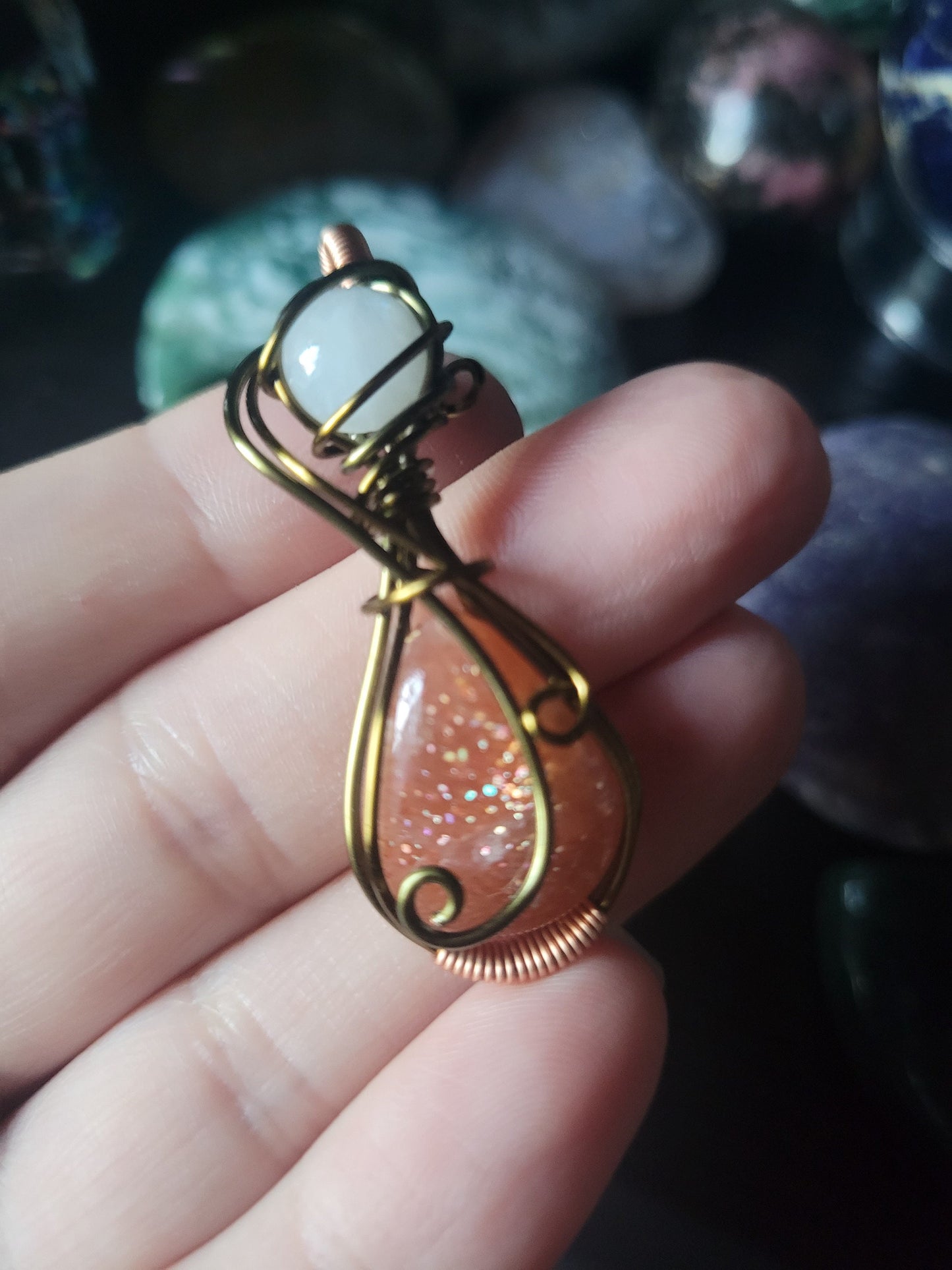 Sunstone and Moonstone Wire Wrapped Pendant Necklace