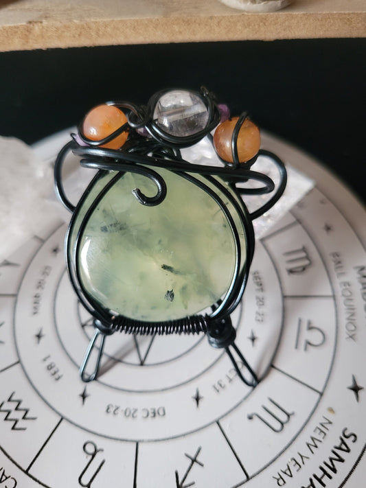 Prehnite with Epidote Cauldron Wire Wrap Pendant